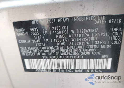 2017 Subaru Outback 2.5I Premium z USA, uszkodzony, nr VIN 4S4BSACC5H3216494